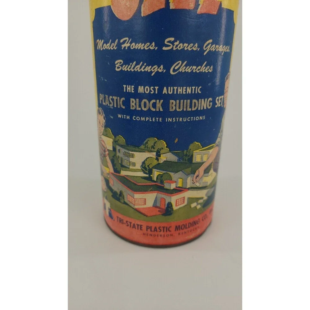 Vintage Block City Plastic Building Set w/Canister Tri State B500 1950s 250 Pc
